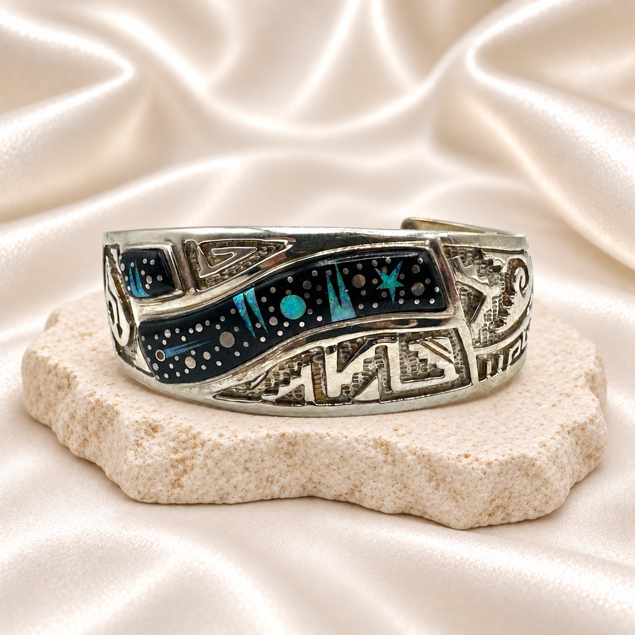 Fred Begay Sterling Silver Multi-Stone Inlay Cuff Bracelet