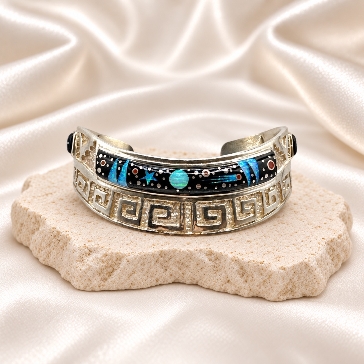 Fred Begay Sterling Silver Multi-Stone Inlay Cuff Bracelet
