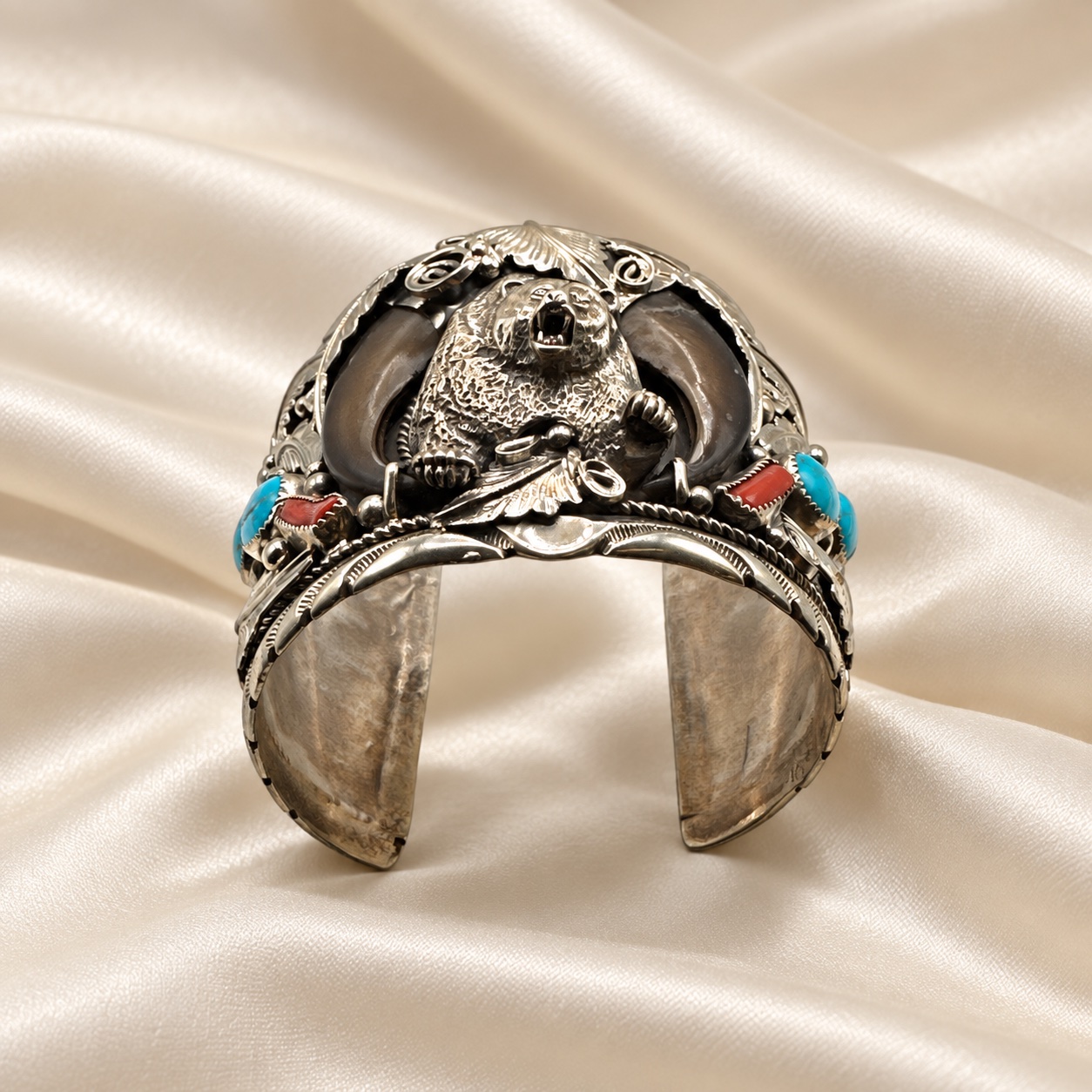 Sterling Silver, Turquoise, Coral & Bear Claw Wide Cuff Bracelet