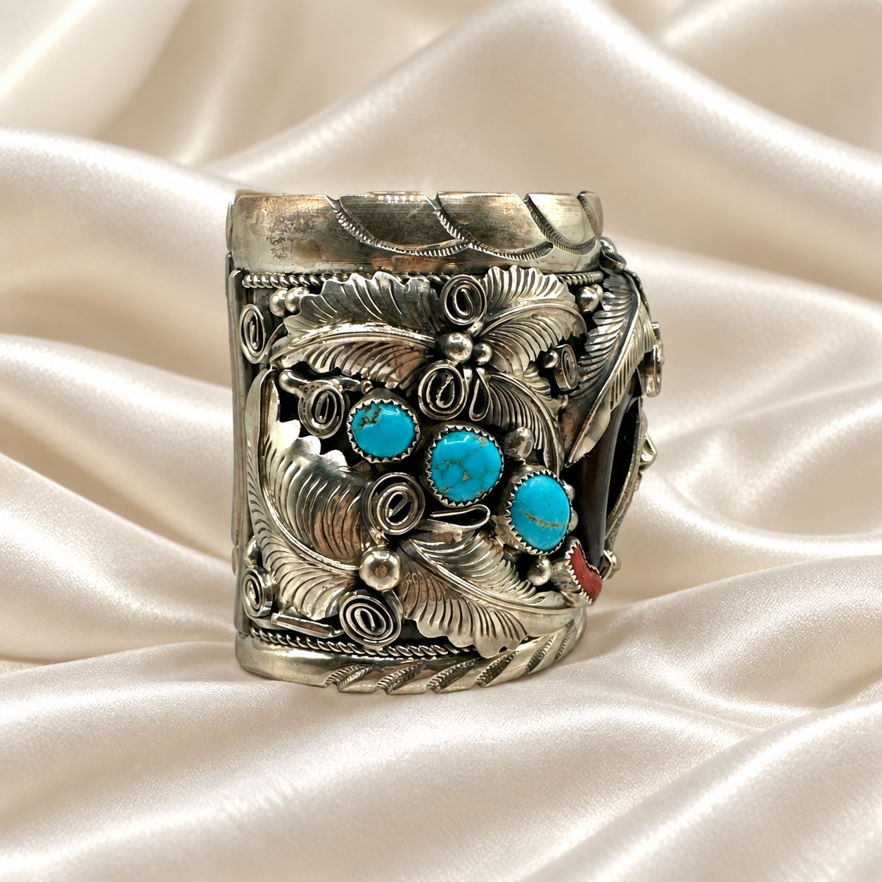 Sterling Silver, Turquoise, Coral & Bear Claw Wide Cuff Bracelet