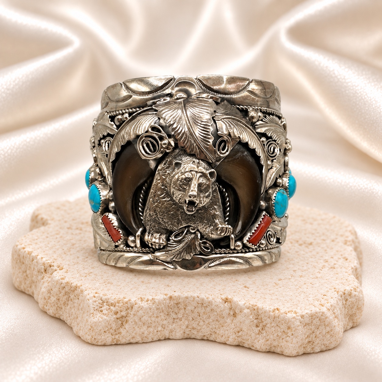 Sterling Silver, Turquoise, Coral & Bear Claw Wide Cuff Bracelet