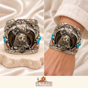 Sterling Silver, Turquoise, Coral & Bear Claw Wide Cuff Bracelet