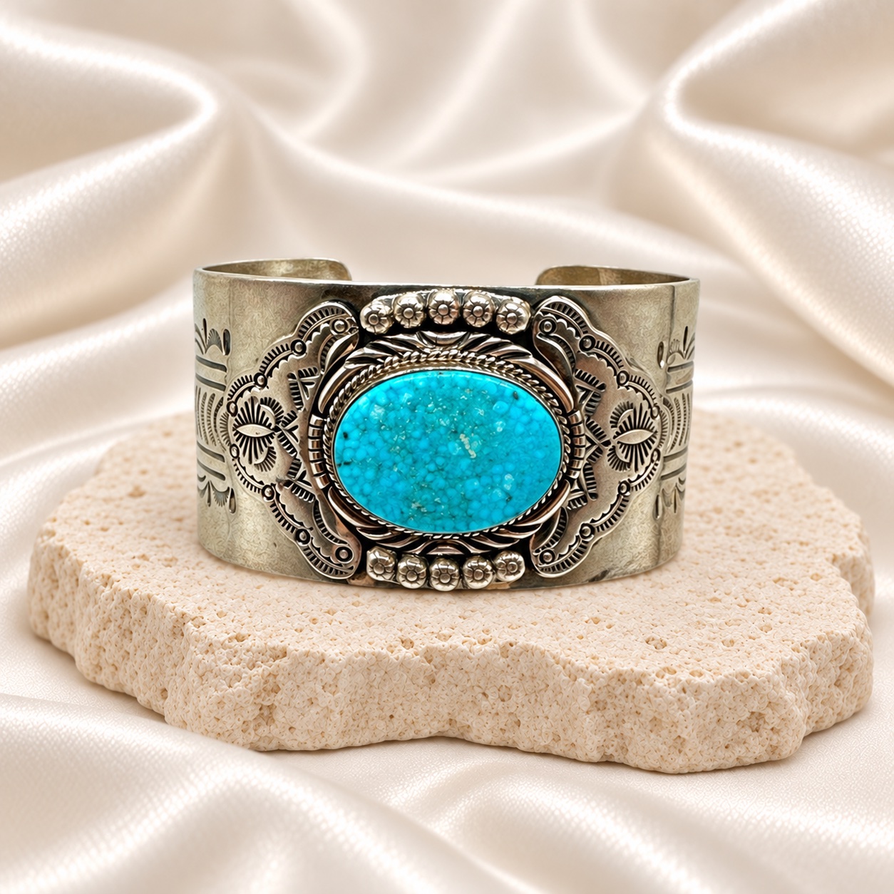 J Nelson Sterling Silver & Turquoise Wide Cuff Bracelet