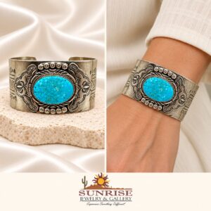 J Nelson Sterling Silver & Turquoise Wide Cuff Bracelet