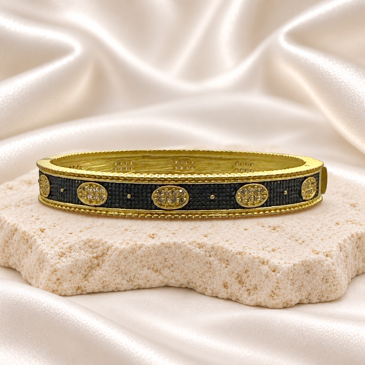Freida Rothman 14K Matte Gold & Black Rhodium Oval Eternity Hinged Bangle
