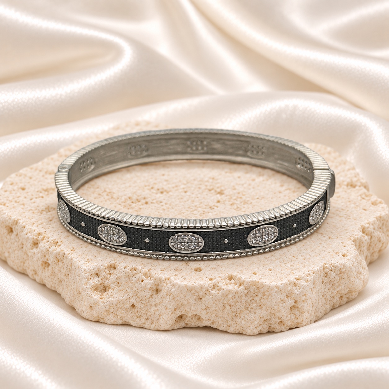 Freida Rothman Sterling Silver & Black Rhodium Oval Eternity Hinged Bangle Bracelet