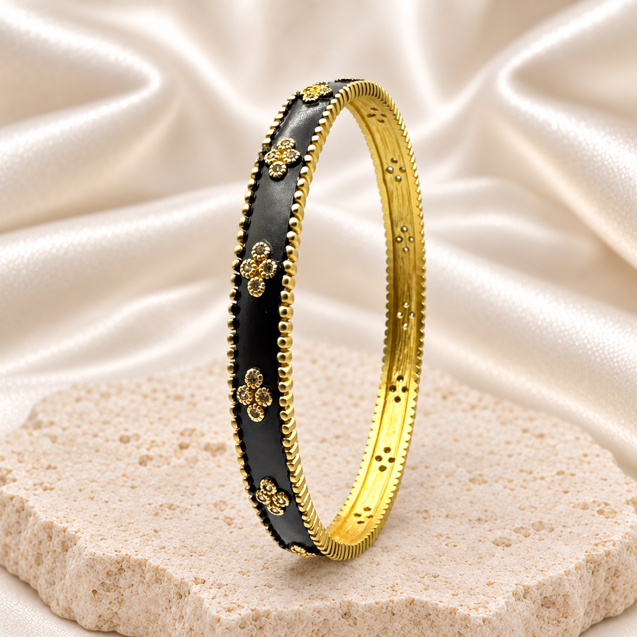 Freida Rothman Sterling Silver & Black Rhodium Clover Stackable Bangle Bracelet