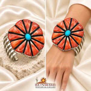 Sterling Silver, Spiny Oyster, & Turquoise Multi Shank Cuff Bracelet