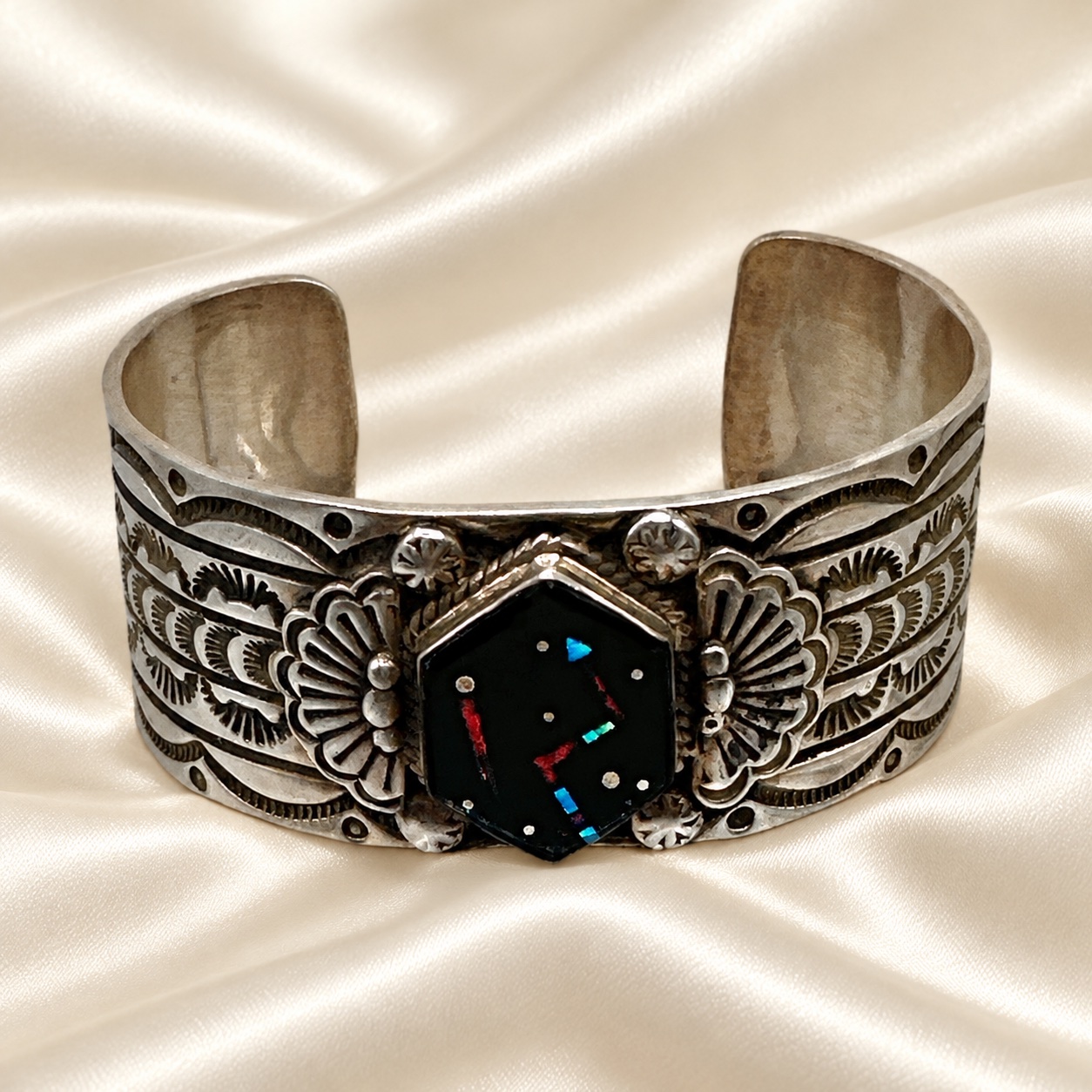 Charles Johnson Sterling Silver Multi-Stone Repousse Cuff Bracelet