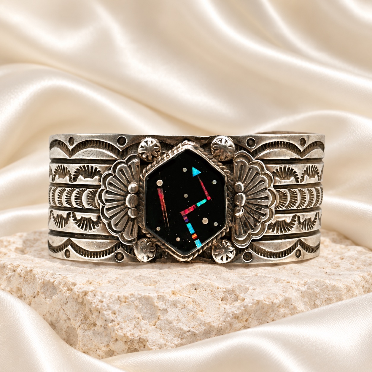 Charles Johnson Sterling Silver Multi-Stone Repousse Cuff Bracelet