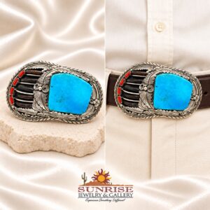 Sterling Silver, Turquoise, Coral & Bear Claw Belt Buckle - M. Thomas Jr.