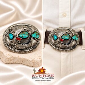 Sterling Silver, Turquoise, Coral & Bear Claw Belt Buckle - M. Thomas Jr.