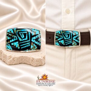 TSF Sterling Silver, Royston Turquoise, & Jet Inlay Belt Buckle
