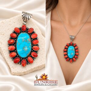 Large Oval Royston Turquoise And Spiny Oyster Shell Clustered Pendant on Sterling Silver