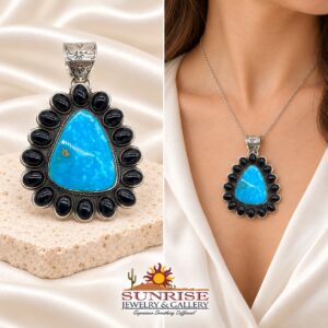 Triangle Shaped Sleeping Beauty Turquoise And Black Onyx on Sterling Silver Clustered Pendant