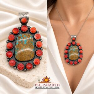 Big spiny Oyster Shell and Ryston Turquoise Sterling Silver Pendant