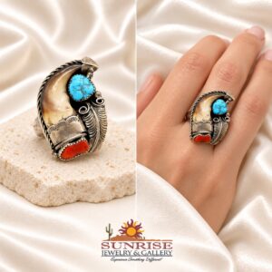 Navajo Sterling Silver, Bearclaw, Turquoise, & Coral Ring