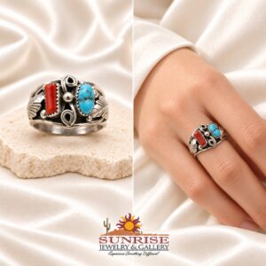 Navajo Sterling Silver, Coral, & Kingman Turquoise Split Shank Ring