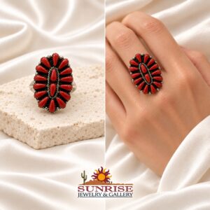 Zuni Sterling Silver & Oxblood Coral Petit Point Ring