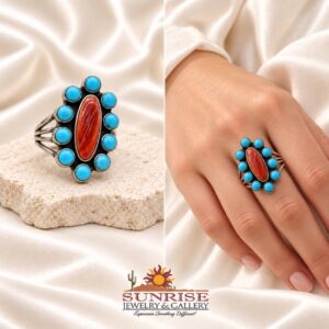 Navajo Sterling Silver, Sleeping Beauty Turquoise, & Spiny Oyster Quad-Shank Ring