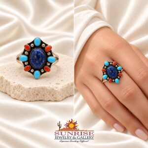 Navajo Sterling Silver, Sleeping Beauty Turquoise, Lapis, & Coral Split-Shank Ring