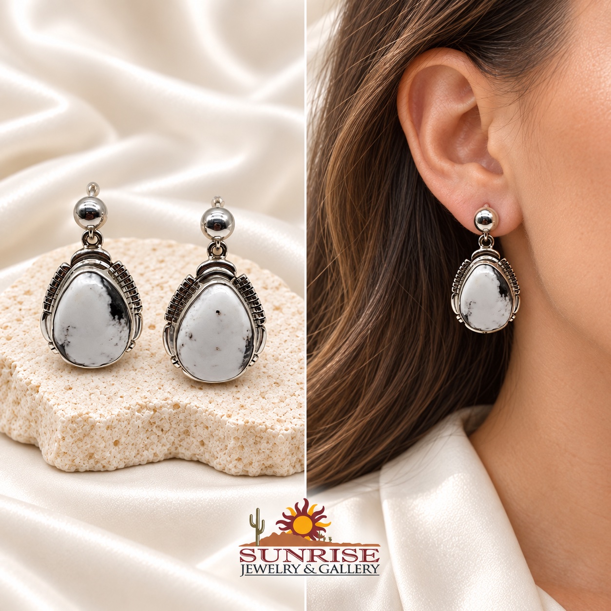 Sterling Silver & White Buffalo Oval Dangle Earrings