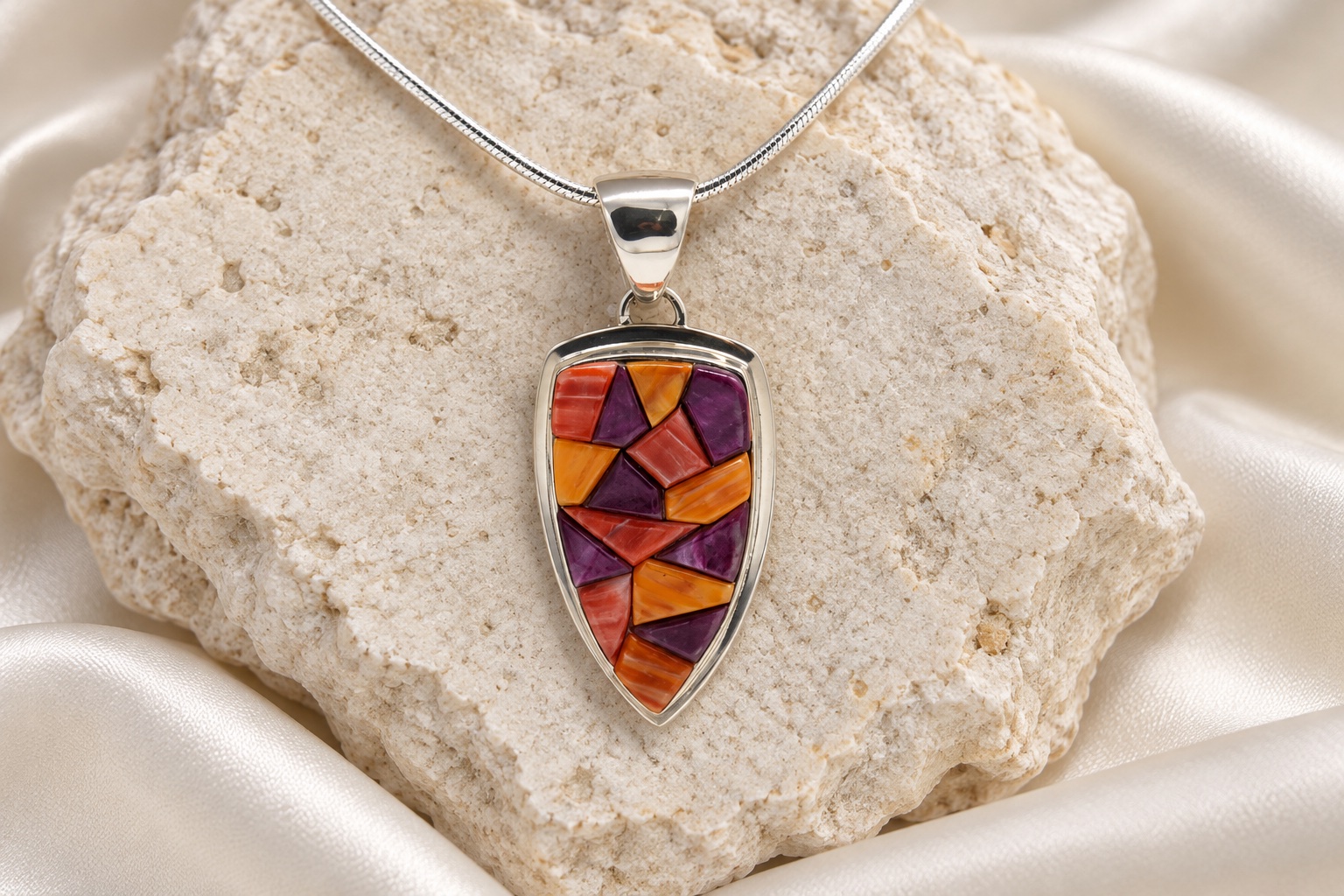 Navajo Sterling Silver & Multi-Color Spiny Oyster Inlay Pendant Necklace
