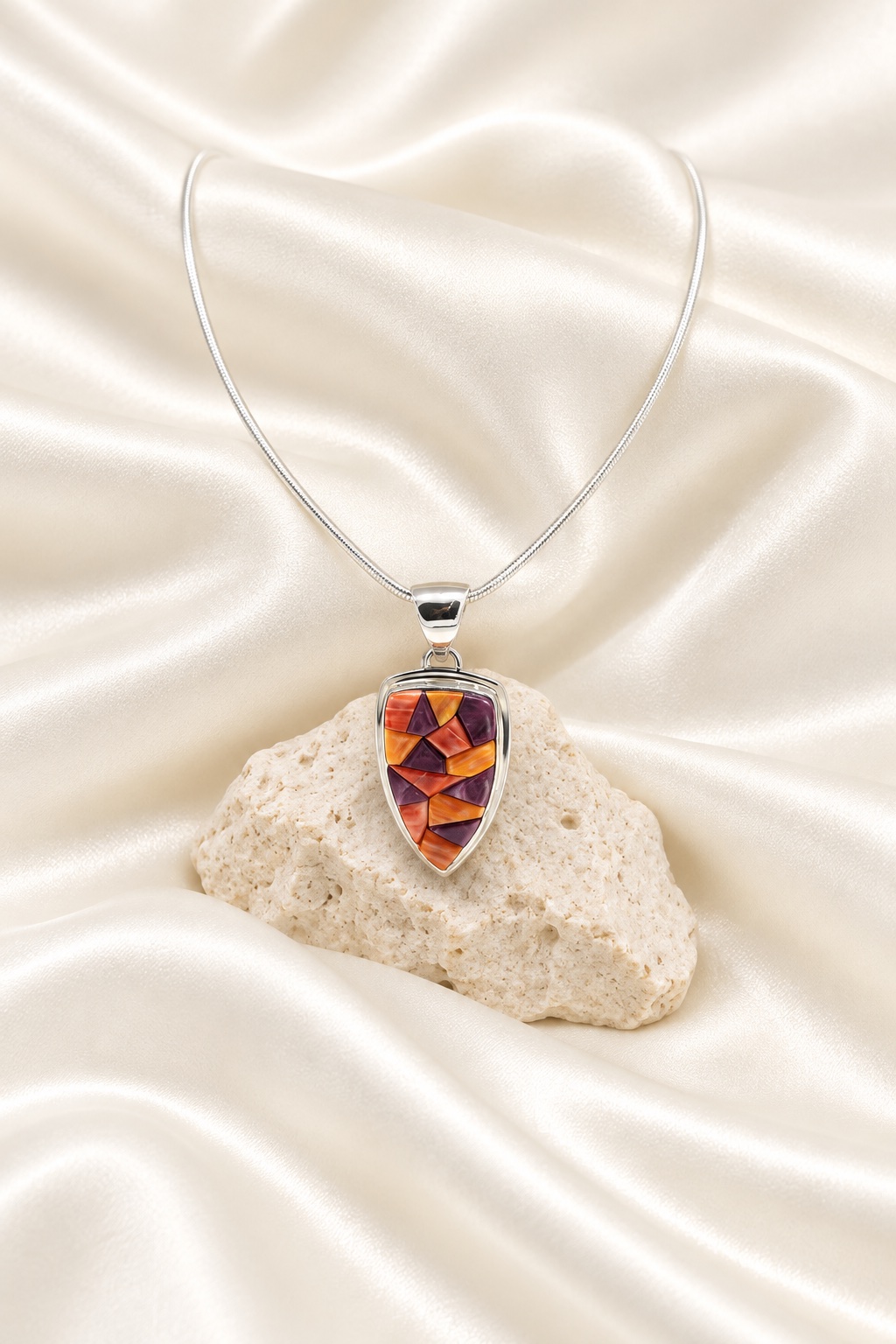 Navajo Sterling Silver & Multi-Color Spiny Oyster Inlay Pendant Necklace