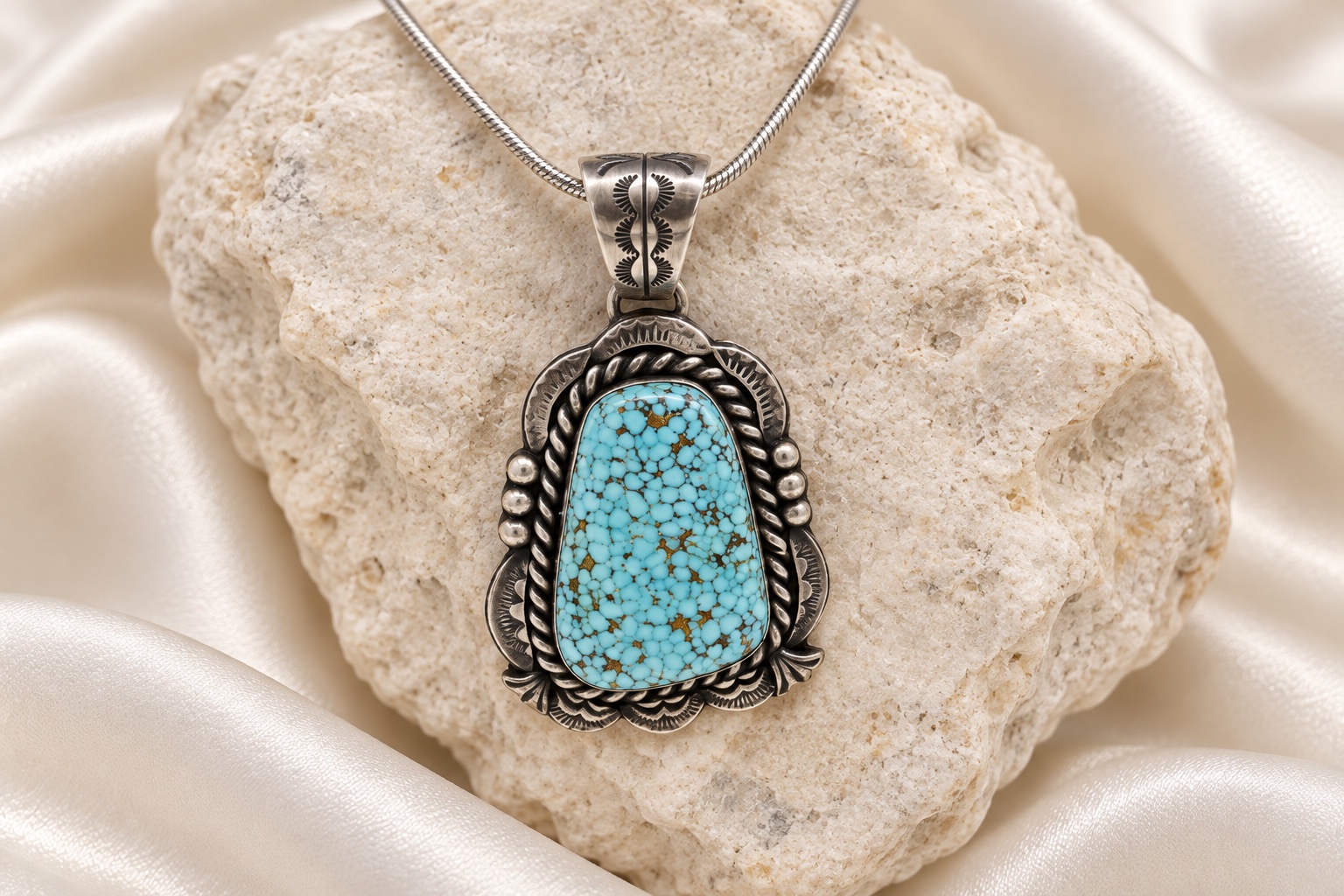 Navajo Sterling Silver & No. 8 Turquoise Pendant Necklace