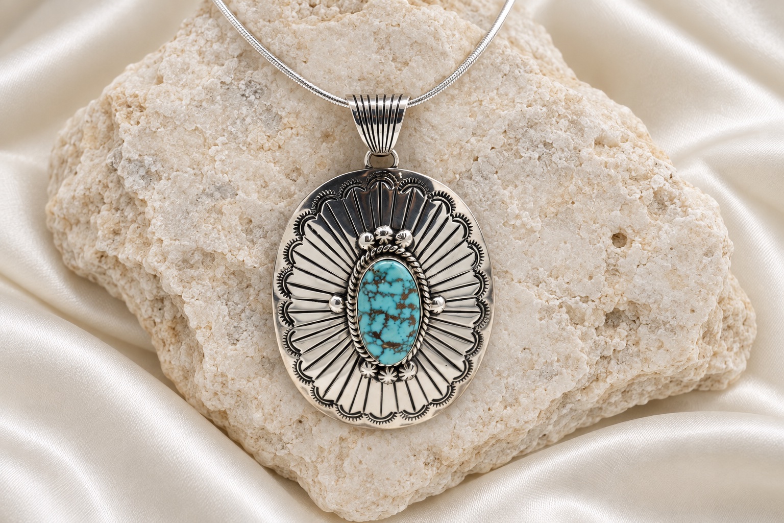 Navajo Sterling Silver & No. 8 Turquoise Concho Pendant Necklace