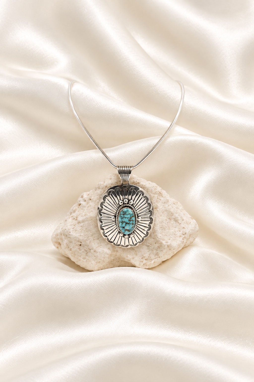 Navajo Sterling Silver & No. 8 Turquoise Concho Pendant Necklace