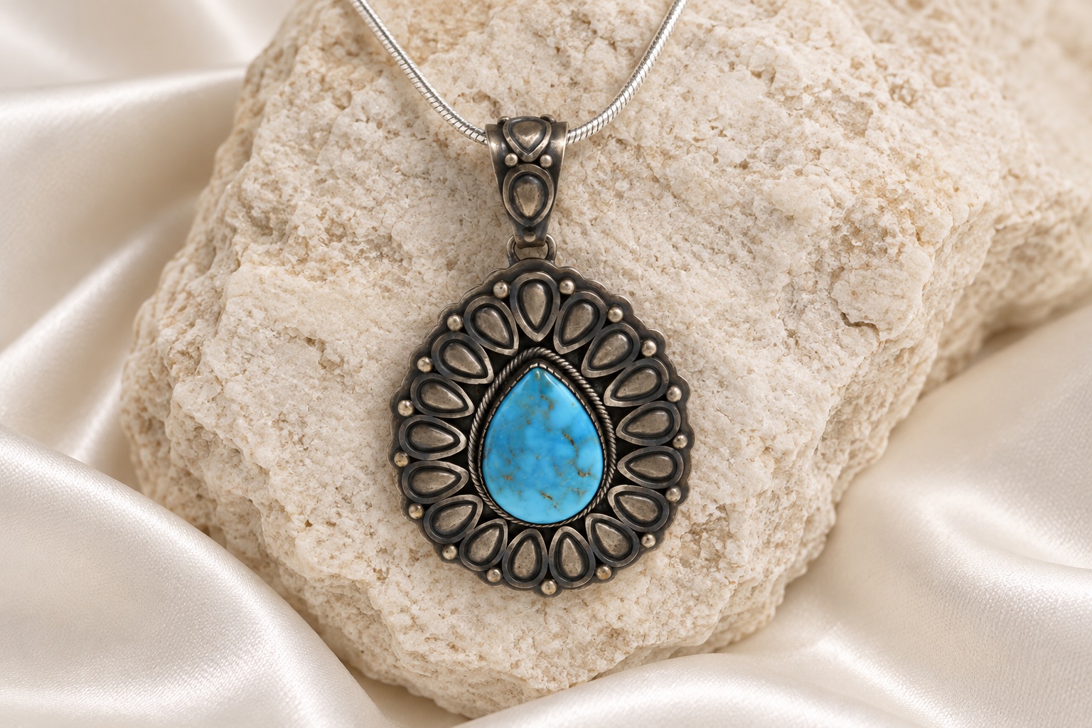 Navajo Sterling Silver & Dry Creek Turquoise Pendant Necklace