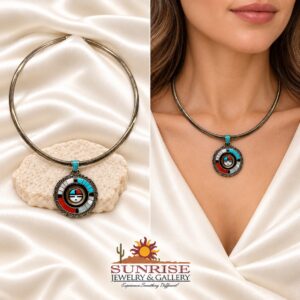 Zuni Sun Face Sterling Silver Necklace with Multi-Color Stones