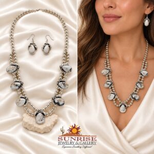 Sterling Silver & White Buffalo 7 Station Necklace & Earrings Set
