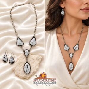 Sterling Silver Triangle And Oval White Buffalo Pendant Necklace and Earrings Set