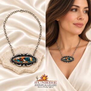Navajo Sterling Silver, Spiny Oyster, & Turquoise Pendant Necklace