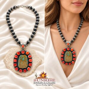 Navajo Royston Turquoise & Spiny Oyster Sterling Silver Pendant & Sterling Silver Bench Bead Necklace