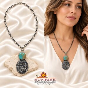 Navajo Engraved Buffalo Sterling Silver & Royston Turquoise Pendant Necklace