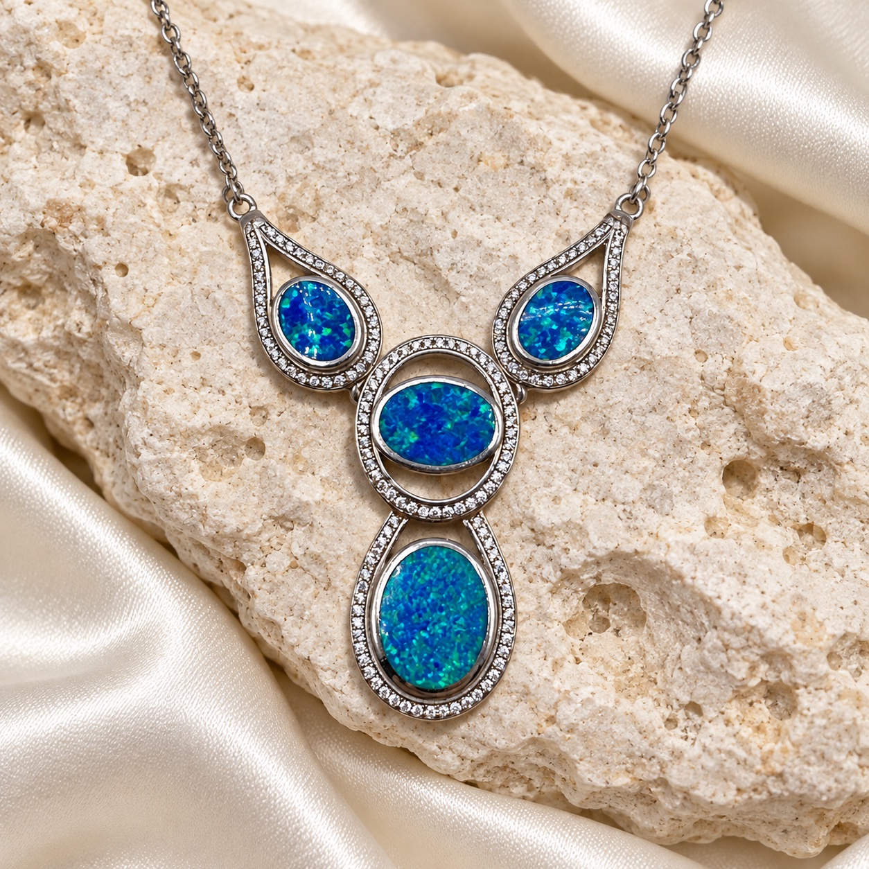 Sterling Silver & Opal 3-Station Necklace