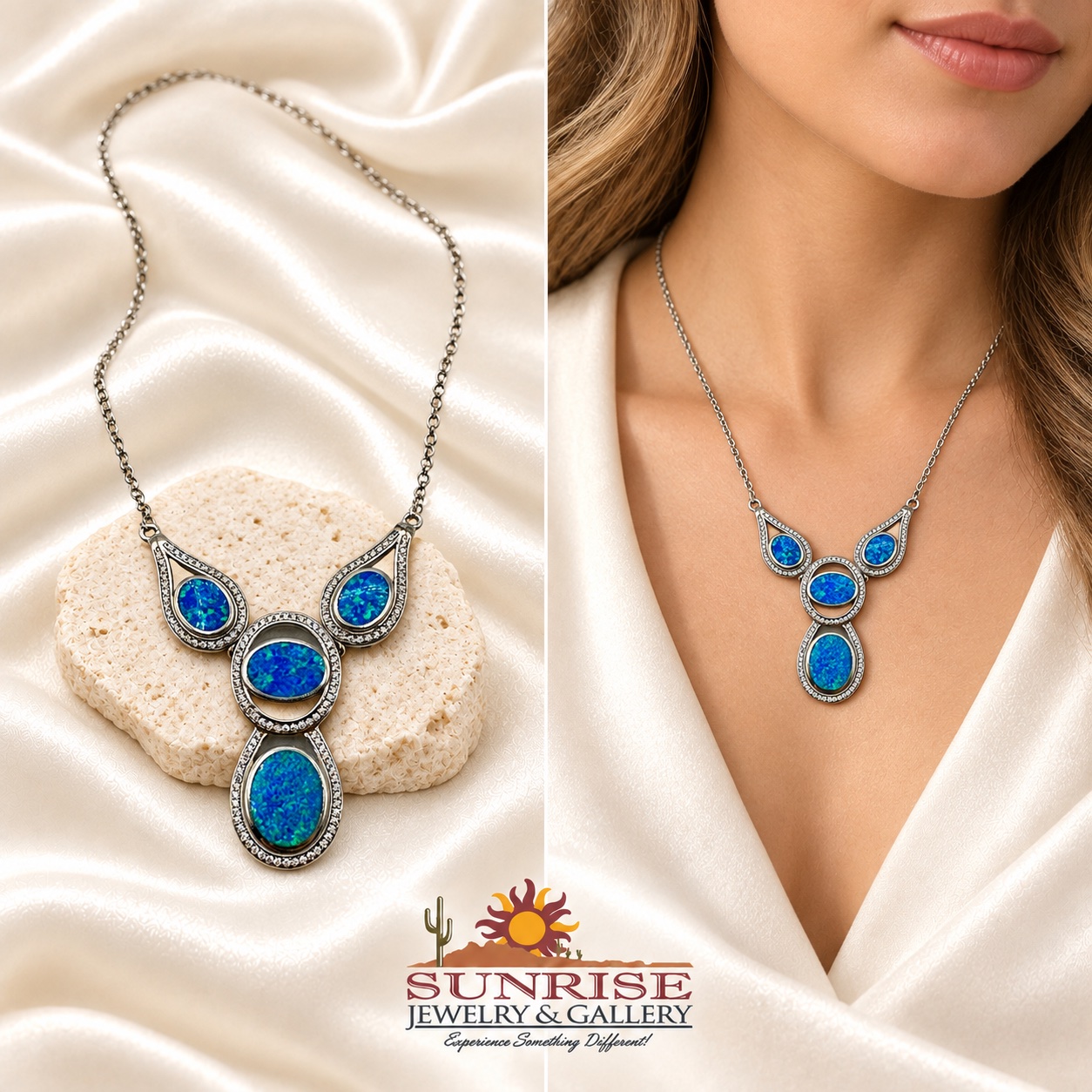 Sterling Silver & Opal 3-Station Necklace