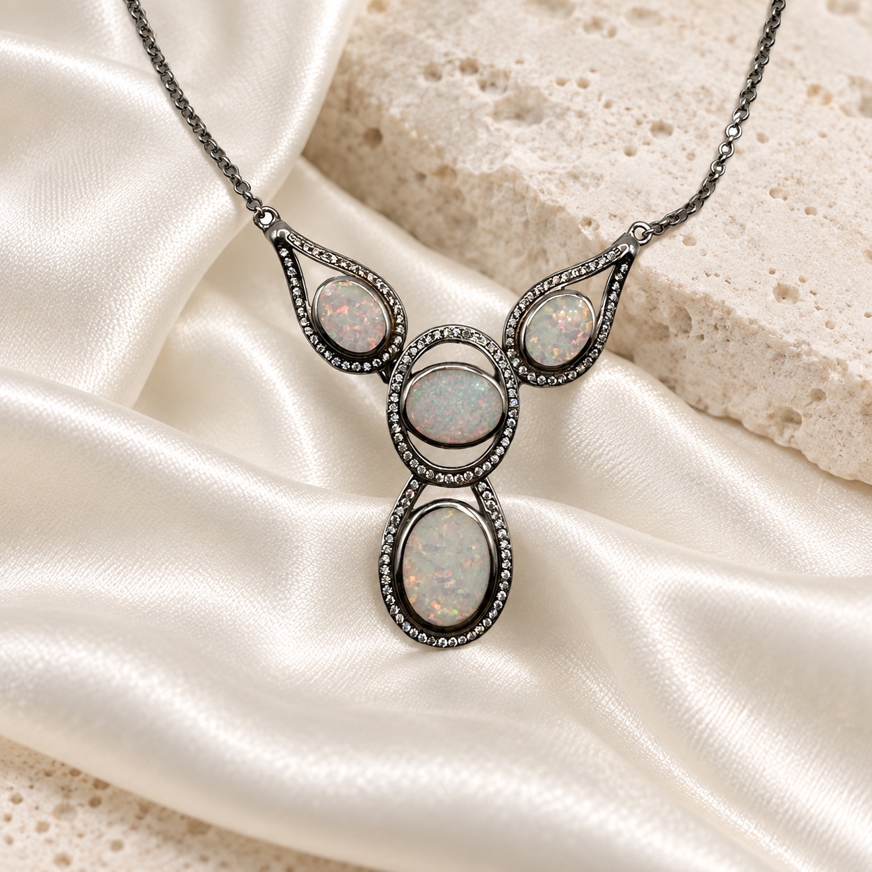 Sterling Silver & Opal 3-Station Necklace