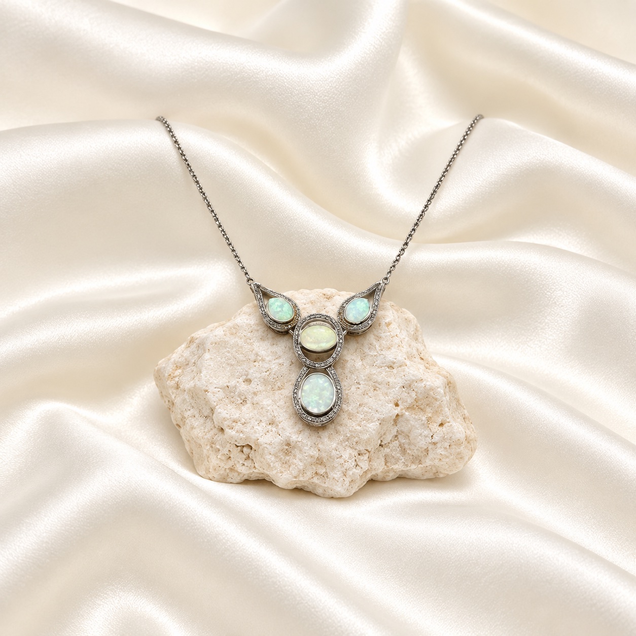 Sterling Silver & Opal 3-Station Necklace