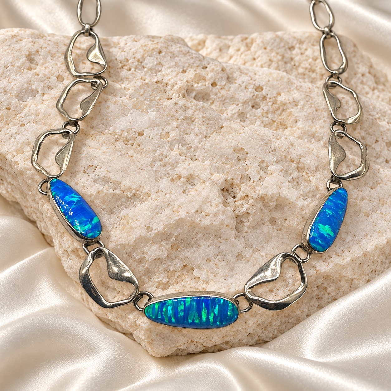 Sterling Silver & Opal Link Necklace
