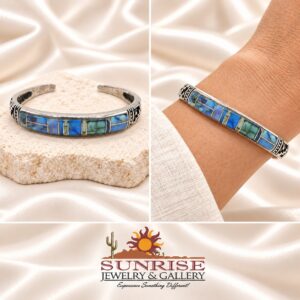 Abalone Shell Inlay Cuff Bracelet with Stepped Geometric Sides