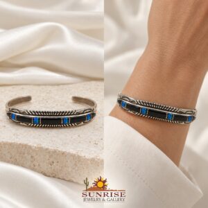 Black Onyx & Man Made Opal Channel Inlay Cuff Bracelet