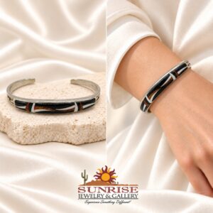 Black Onyx & Man Made Opal Wave Inlay Cuff Bracelet