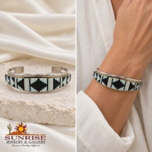 Black & White Inlay Stepped Diamond Cuff Bracelet