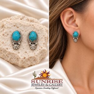 Blue Gem Turquoise Oval Post Earrings with Beaded Border and Flower Accent