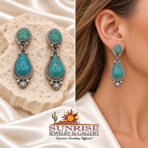 Blue-Green Turquoise Teardrop Post Earrings with Stamped Flower