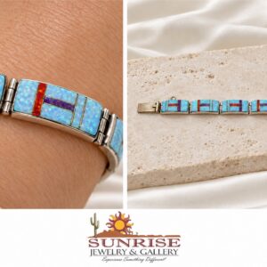 Blue, Red & Purple Man Made Opal Inlay Link Bracelet